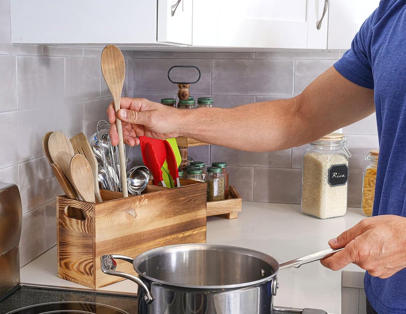 CB Accessories Wood Utensil Holder Organizer for Counter - Large Wooden Utensil Caddy for Countertop - 3 Compartment Cooking Tool Storage for Spatula - Farmhouse Kitchen Decor and Accessories - Image 4